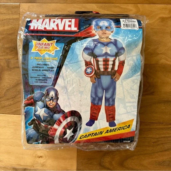 Marvel Superhero Costume 0-6 Months, Includes Padded Jumpsuit, Mask, Shield - Picture 2 of 3